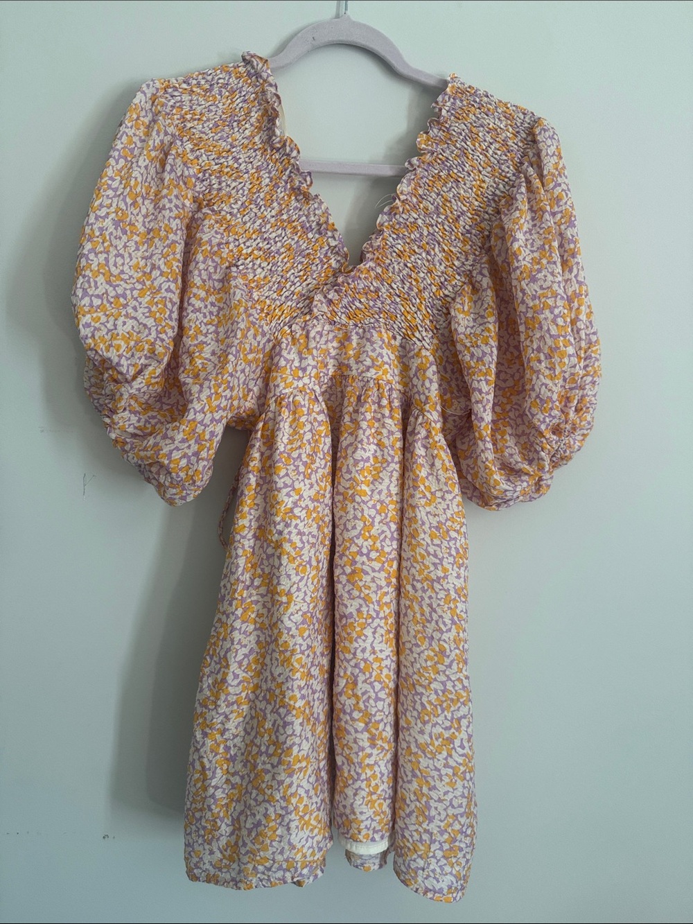 Lena Yellow and Lavender Floral Puff-Sleeve Mini Dress
